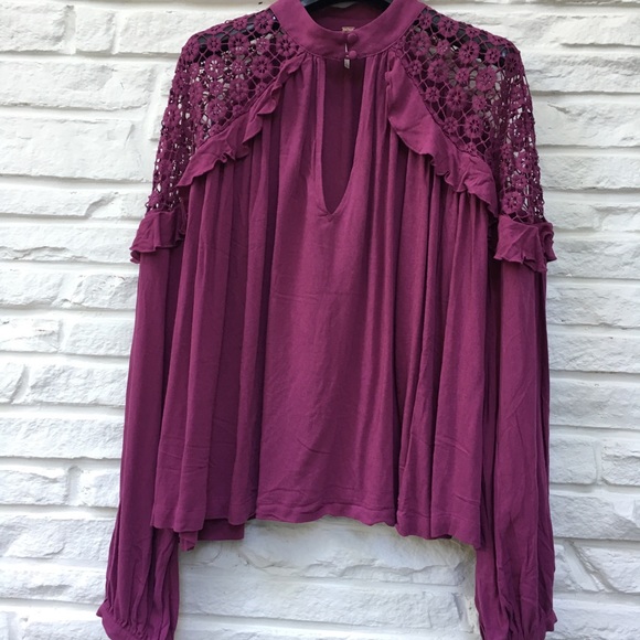 FREE PEOPLE Purple BoHo Blouse Crochet Shoulder L - Picture 3 of 7